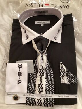 Daniel Ellissa Black Dress Shirt Complete w Tie French Cuff 36/37